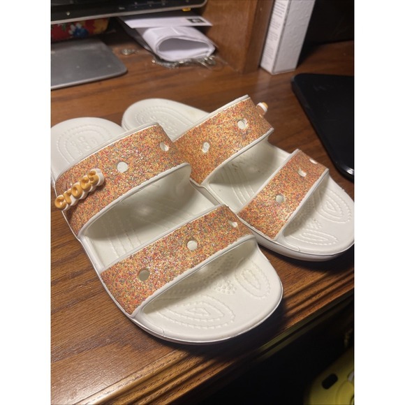 Crocs Women's 6 Comfort Classic Two-Strap Slide Sandal - Glitter Orange Sorbet - Picture 1 of 5